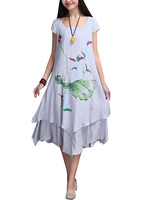 Casual Women Ruffles Lotus Printed Linen Dress