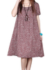 Casual Women Short Sleeve Floral Printed Cotton Linen Dress