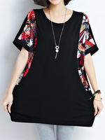 Casual Women Short Sleeve Loose Printed Patchwork Cotton T-shirts