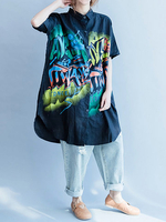 Casual Women Short Sleeve Printed Irregular Hem Loose Blouses