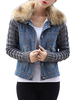 Casual Women Short Slim Thick detachable Fur Collar Patchwork Knitted Denim Coat