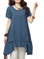 Casual Women Solid Button Short Sleeve Irregular Cotton Linen T-Shirt