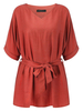 Casual Women Solid Color V-Neck Linen T-Shirt With Belt