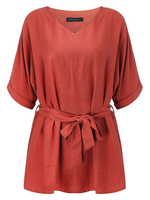 Casual Women Solid Color V-Neck Linen T-Shirt With Belt