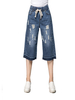 Casual Women Solid Elastic Waist Drawstring Straight Cropped Denim Jeans