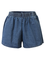 Casual Women Solid Elastic Waist Pocket Denim Shorts