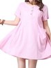 Casual Women Solid Short Sleeve Pleats Linen Mini Dress