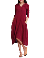 Casual Women Solid V-Neck Button Long Sleeve Dress