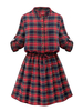 Casual Women Stand Collar Button Plaid Elastic Waist Pleated Dress