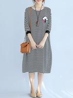 Casual Women Stripe Print 3/4 Sleeves O-Neck Dresses