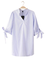 Casual Women Stripe Stand Collar Half Sleeve Bow-knot Blouse