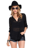 Casual Women V Neck Buttons Long Sleeve Loose Mesh Chiffon Blouse
