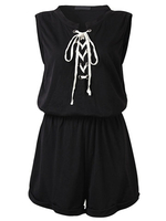 Casual Women V Neck Lace Up Tie Sleeveless Cotton Jumpsuit Beach Shorts