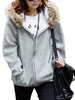 Casual Zipper Double Pocket Fur Collar Hooded Women Sweatshirt