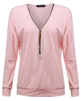 Casual Zipper Long Sleeve Solid V-Neck Women Basic Blouse