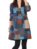Check Patchwork Ethnic Loose Printed Long Sleeve Women Dress