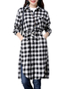 Check Plaid Belt Side Split Long Sleeve Casual Women Dresses
