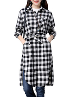 Check Plaid Belt Side Split Long Sleeve Casual Women Dresses