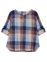 Check Plaid Button Long Sleeve Round Neck Women Blouse