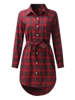 Check Print Belted Irregular Lapel Long Sleeve Women Shirt