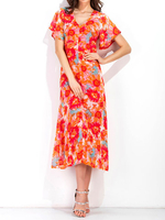 Chiffon Floral Print Backless Short Sleeve V-neck Dress For Women