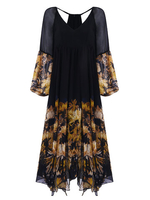 Chiffon Floral Print Irregular Long Sleeve V-neck Maxi Dress For Women