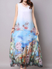Chiffon Floral Print Sleeveless O-neck Maxi Dress For Women