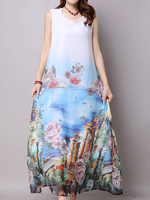 Chiffon Floral Print Sleeveless O-neck Maxi Dress For Women