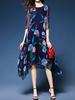 Chiffon Floral Printed Asymmetrical O-Neck Half Sleeve Women Dresses