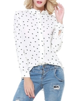 Chiffon Heart Print Lapel Long Adjustable Sleeve Blouse For Women