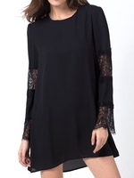Chiffon Lace Patchwork Long Sleeve O-neck Mini Dress For Women