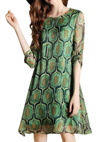 Chiffon Leaves Print Loose Half Sleeve O-neck Dress For Women