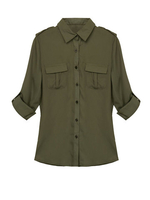 Chiffon Pocket Solid Color Stand Collar Casual Blouse