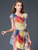 Chiffon Print Irregular Short Sleeve O-neck Mini Dress For Women