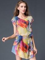 Chiffon Print Irregular Short Sleeve O-neck Mini Dress For Women