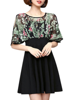 Chiffon Printed Patchwork Bats Sleeve O-Neck A-Line Women Mini Dresses