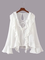Chiffon See-through Bandage Long Horn Sleeve V-neck Women Blouse