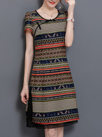 Chiffon Women O-Neck Short Sleeves Striped Print Dresses