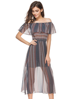 Chiffon Women Off Shoulder Sleeveless Striped Print Dresses