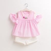 Children Girl Cold Shoulder Pleated O-neck Short Sleeve Suit