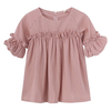 Children Girl Solid Color Pleated O-neck Lantern Sleeve Dress