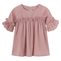 Children Girl Solid Color Pleated O-neck Lantern Sleeve Dress
