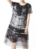 Chinese Ink Printed Silk O-Neck Short Sleeve Two-Piece Dresses