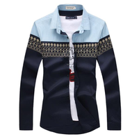 Chinese Style Casual Business Cotton Stitching Printing Long Sleeve Dress Shirts for Men