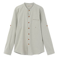 Chinese Style Cotton Linen Long Sleeve Chest Pocket Stand Collar Dress Shirts for Men