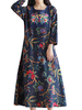 Chinese Style Embroidery Printed Long Sleeve A-Line Dress For Women