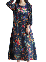 Chinese Style Embroidery Printed Long Sleeve A-Line Dress For Women