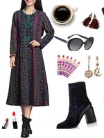Chinese Style Floral Printed Plate Button Long Sleeve Dress For Women