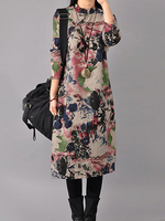 Chinese Style Ink Printed Plate Button Long Sleeve Dress For Women