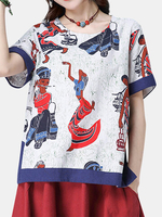 Chinese Style O-neck Short Sleeves Printed T-shirts For Women